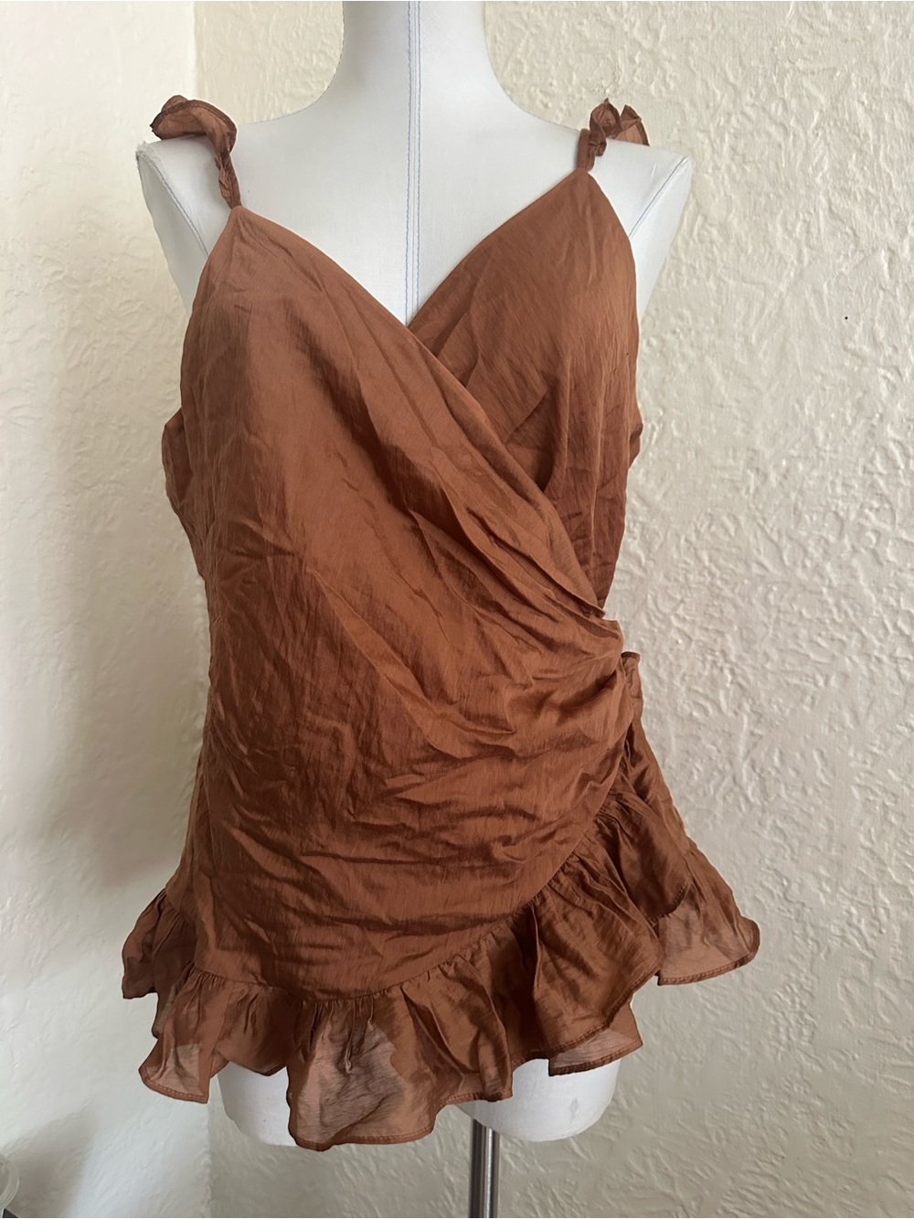 Express Light Brown Ruffle Wrap Tank Top NWT XL